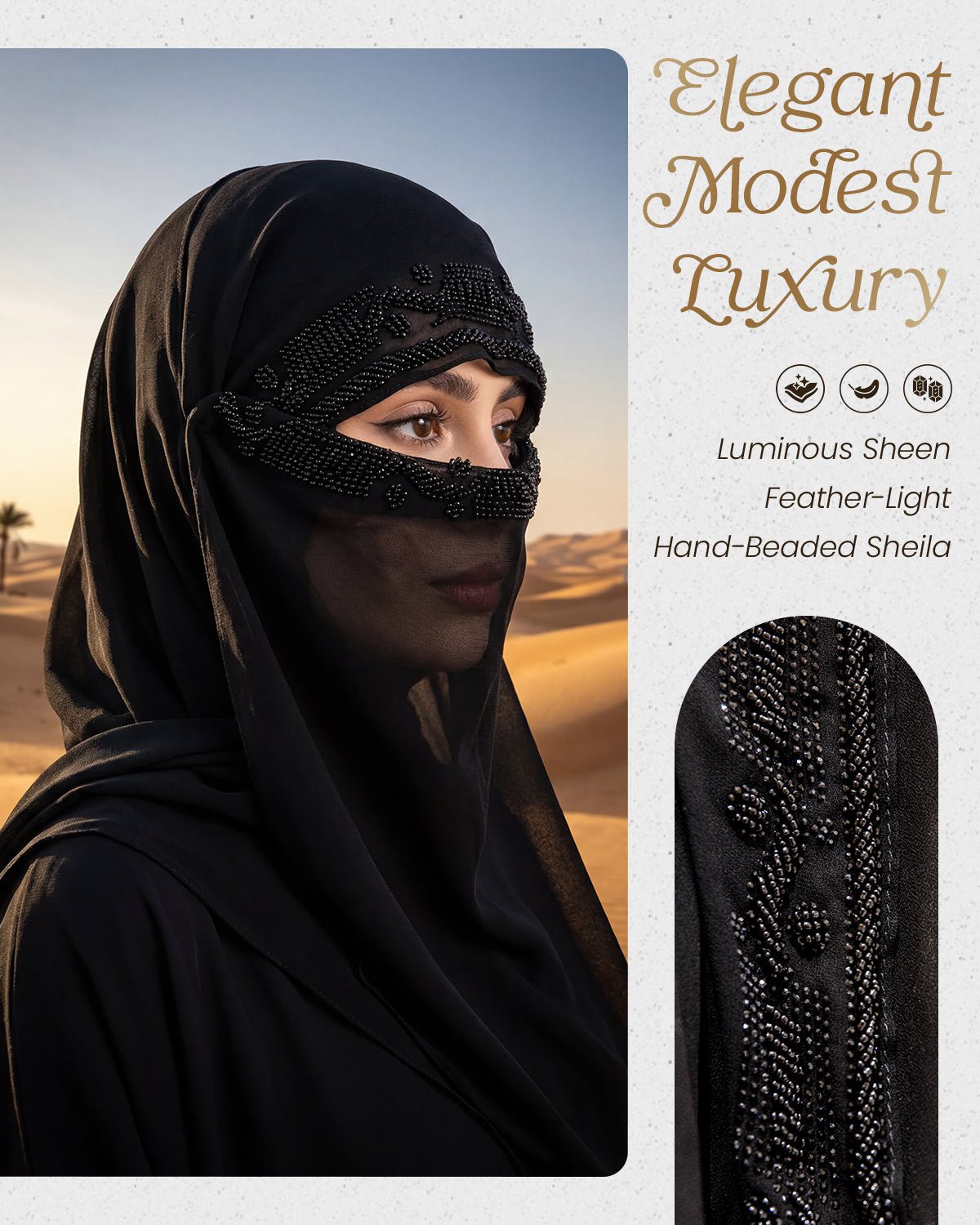FEELITS TJ05 Black Sheer Veil Hijab – Layered Face Cover Modest Scarf - FEELITS