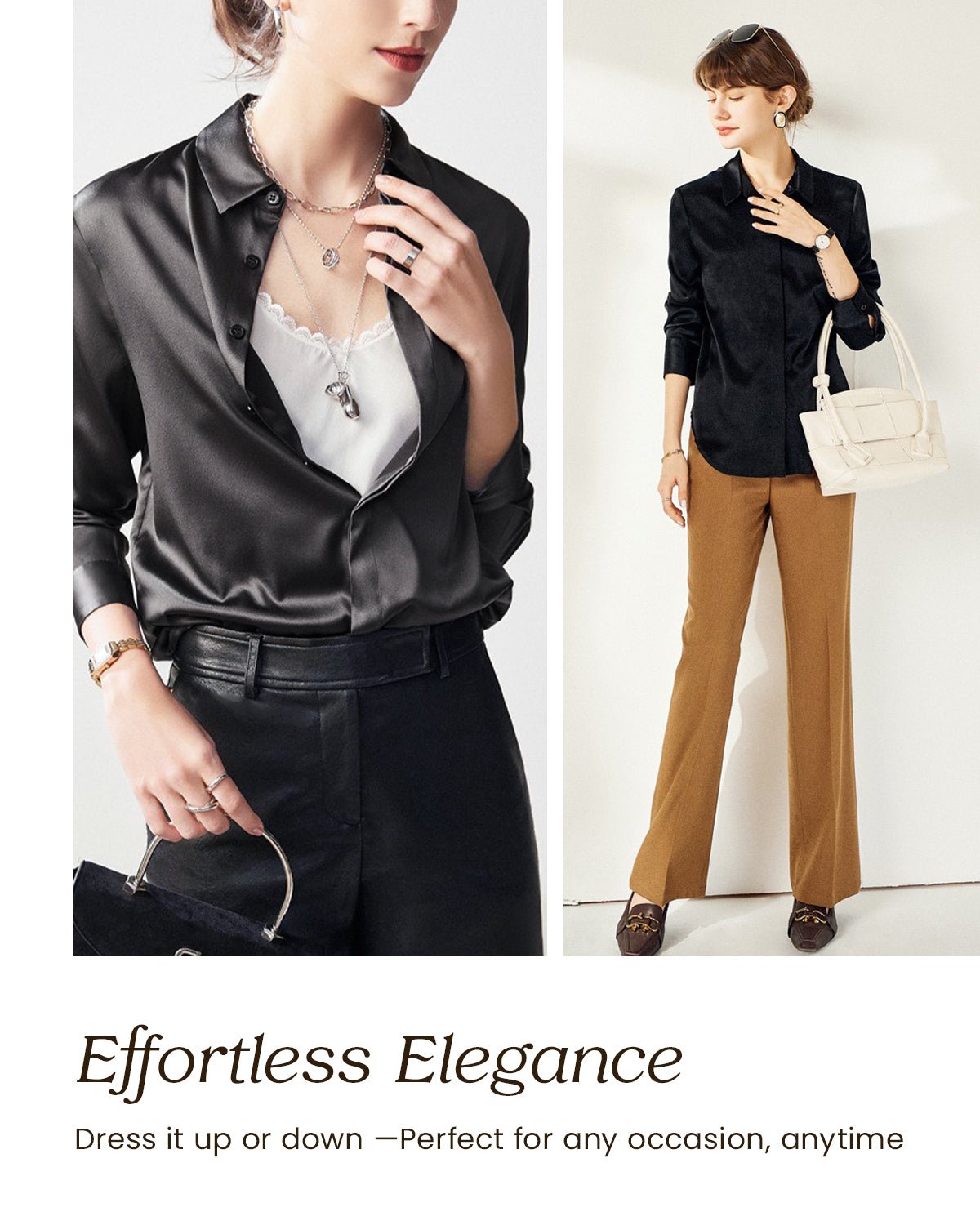 Womens 100% Mulberry Silk Blouse, 22 Momme Silk Collared Neck Long Sleeve Button Down Shirts, Elegant Casual Work Top - FEELITS