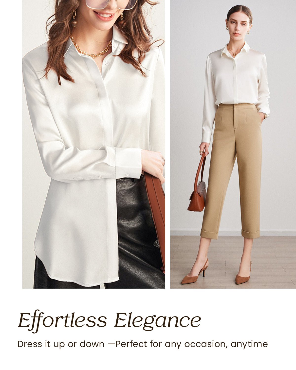 Womens 100% Mulberry Silk Blouse, 22 Momme Silk Collared Neck Long Sleeve Button Down Shirts, Elegant Casual Work Top - FEELITS