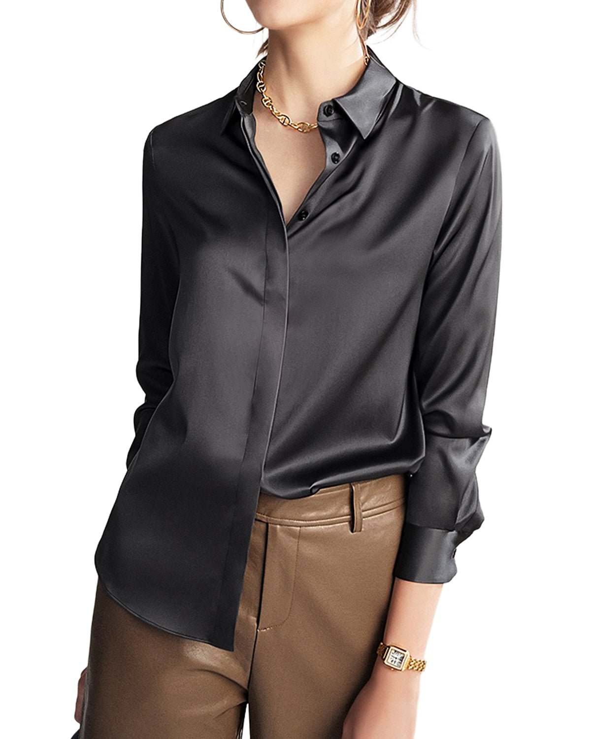 Womens 100% Mulberry Silk Blouse, 22 Momme Silk Collared Neck Long Sleeve Button Down Shirts, Elegant Casual Work Top - FEELITS