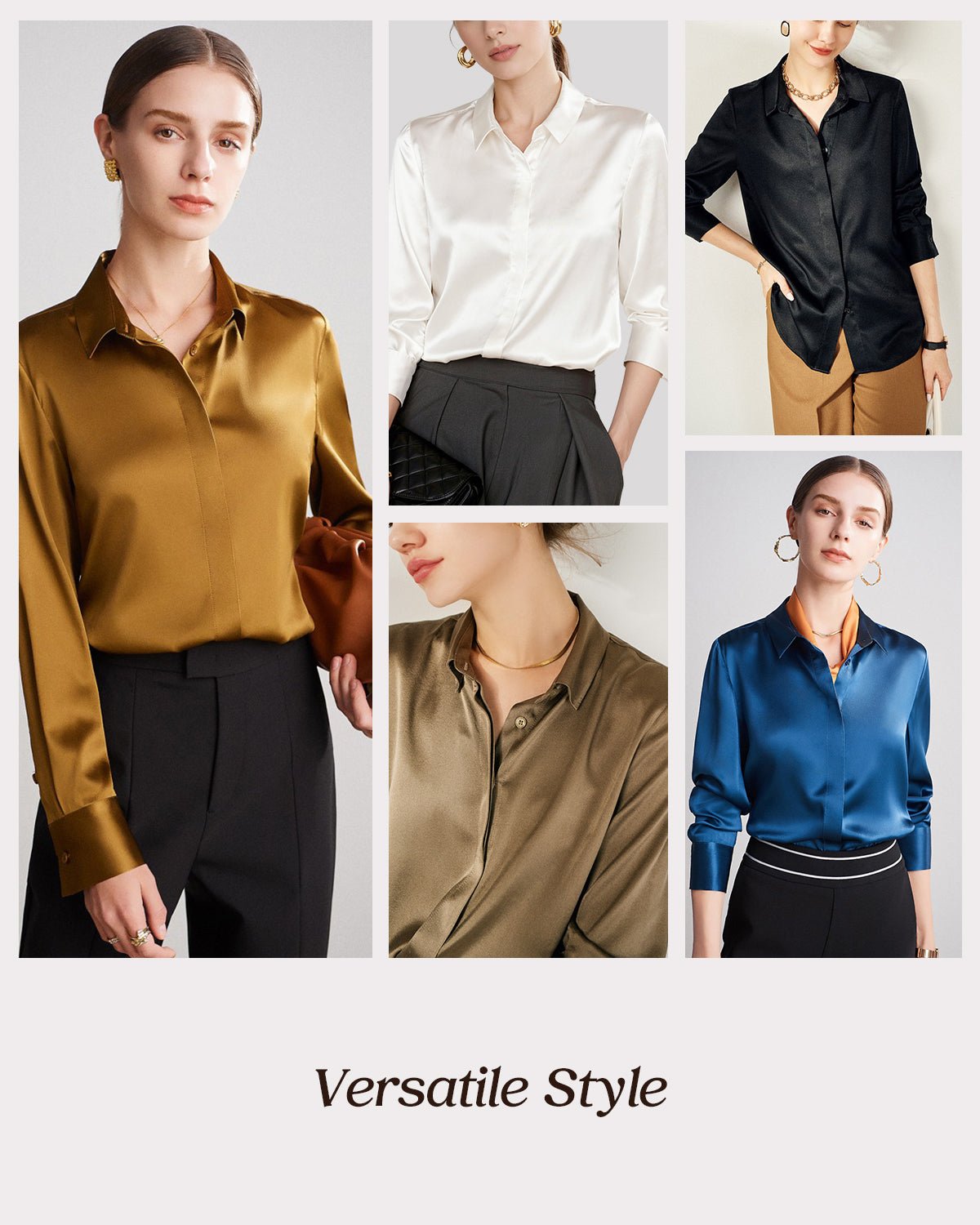 Womens 100% Mulberry Silk Blouse, 22 Momme Silk Collared Neck Long Sleeve Button Down Shirts, Elegant Casual Work Top - FEELITS