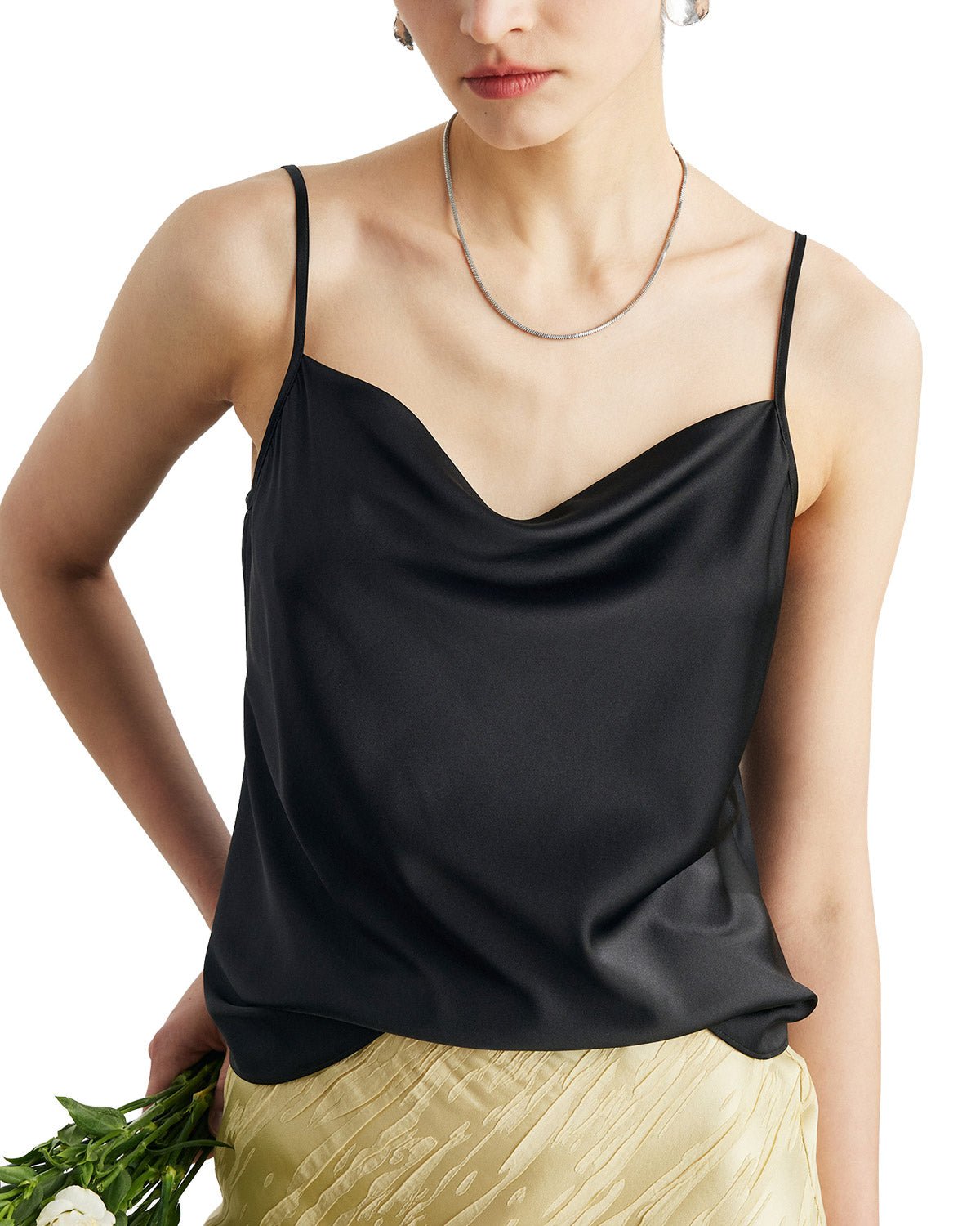 Womens 100% Mulberry Silk Tank Top, 22 Momme, Cowl Neck with Adjustable Spaghetti Straps, Loose Fit Casual Flowy Cami - FEELITS