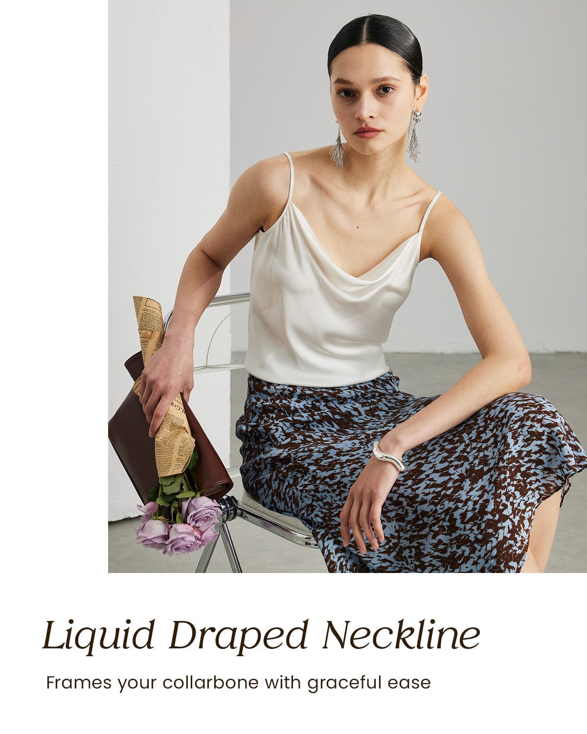 Womens 100% Mulberry Silk Tank Top, 22 Momme, Cowl Neck with Adjustable Spaghetti Straps, Loose Fit Casual Flowy Cami - FEELITS