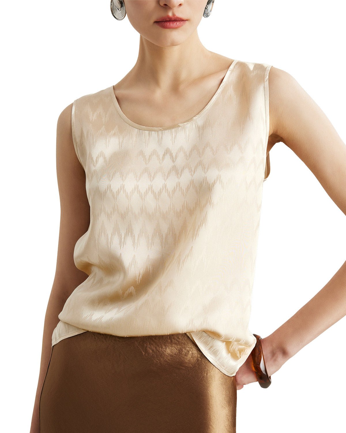 Womens 100% Mulberry Silk Tank Top - 22 Momme Silk with Jacquard Design, Loose Fit Casual Flowy Sleeveless Top Outfit - FEELITS