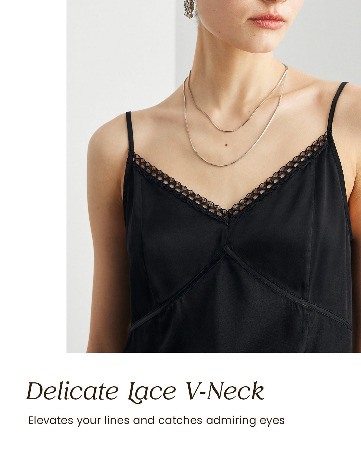 Womens 100% Mulberry Silk V - Neck Tank Top with Lace Trim, 22 Momme Silk, Adjustable Spaghetti Straps, Loose Fit Cami - FEELITS