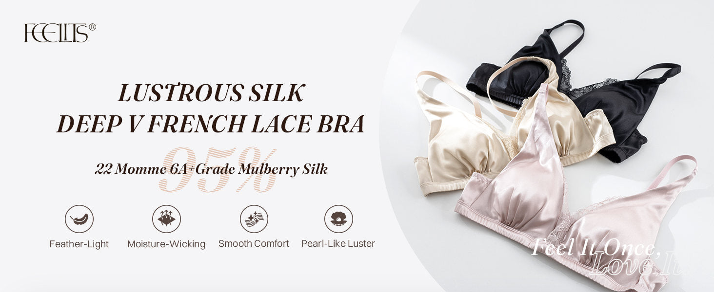 BRA18 22 momme mulberry silk deep-V lace bralette with wire-free ruched cups