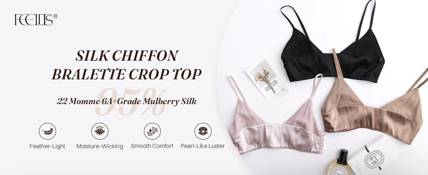 BRA15 22 momme mulberry silk chiffon bralette crop top with adjustable straps