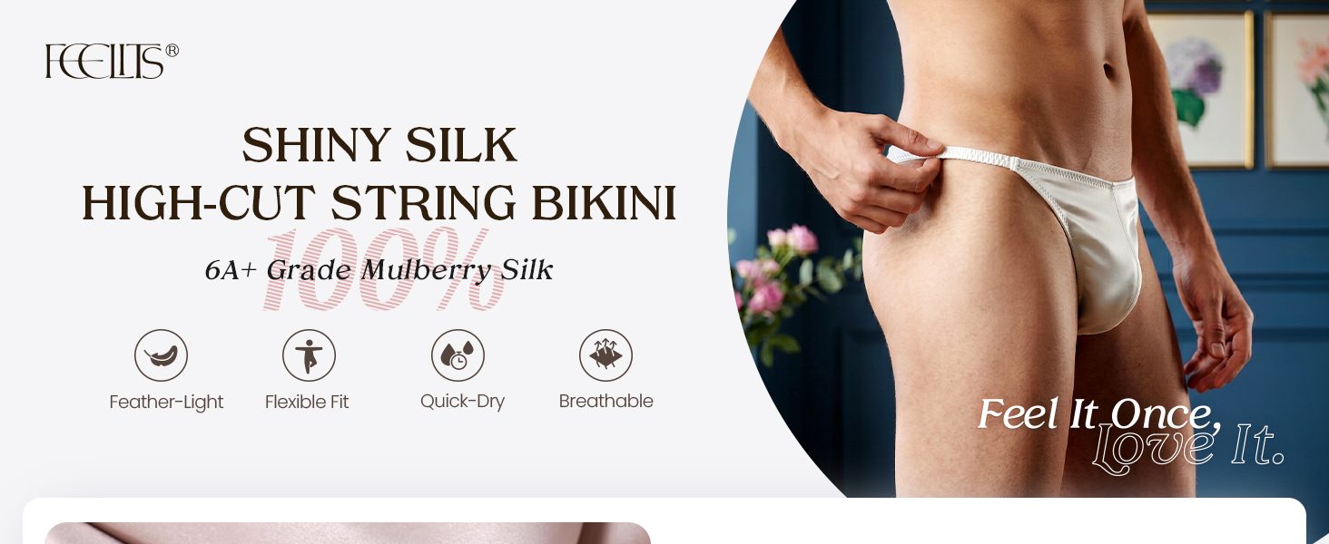 KNM06 men's shiny silk high-cut string bikini underwear in 100% 6A mulberry silk with double-layer pouch